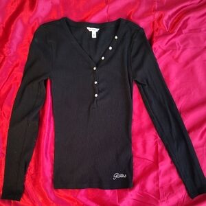 Guess Black Long Sleeve Ribbed Henley Top with Rhinestone Buttons